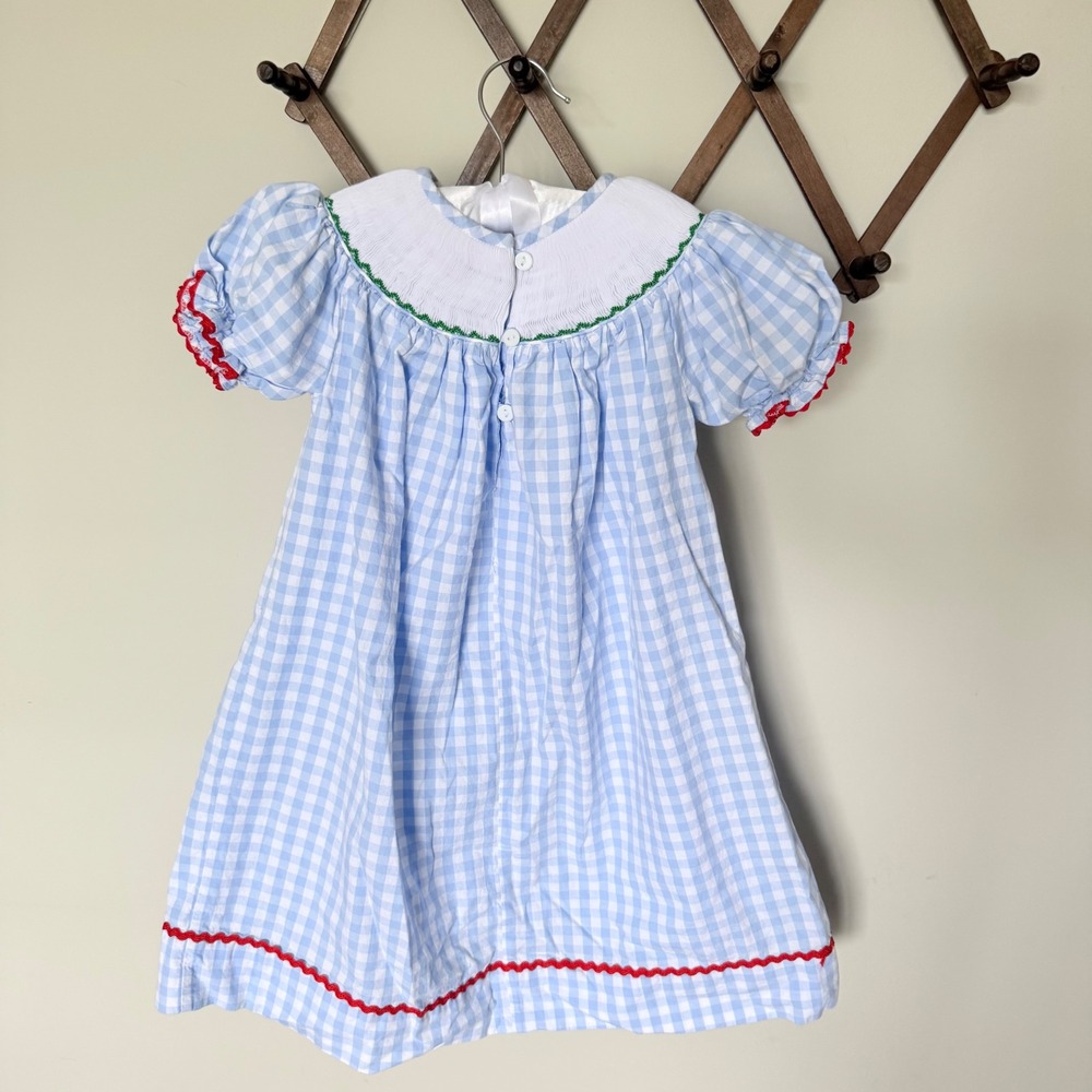 Barefoot Kids Blue Gingham Smocked Farm Dress Barn Cow Tractor Ric Rac Size 3 - Picture 3 of 4